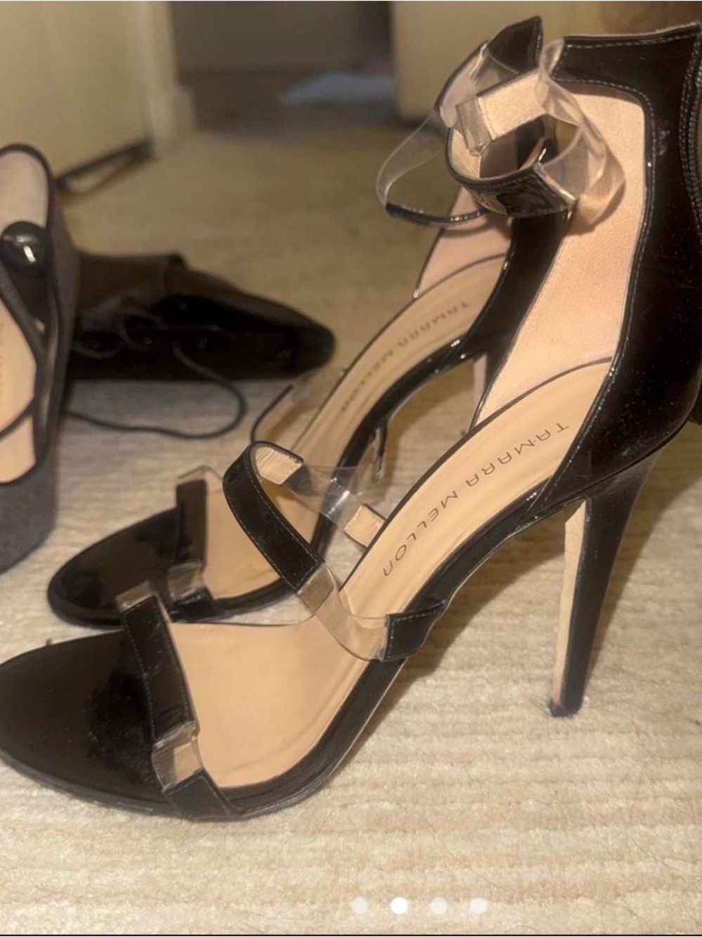 Taryn Rose Black Patent Stiletto Sandals with Clear Straps